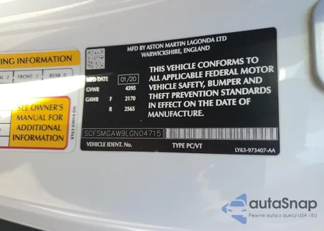 2020 Aston Martin Vantage z USA, uszkodzony, nr VIN SCFSMGAW9LGN04715